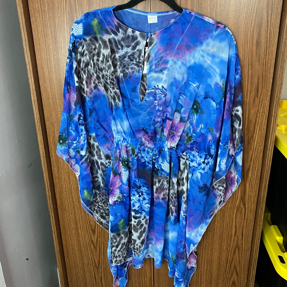 ShuiSi Qing Kaftan Tunic Women Medium Blue Floral Leopard Print Sheer Boho Beach